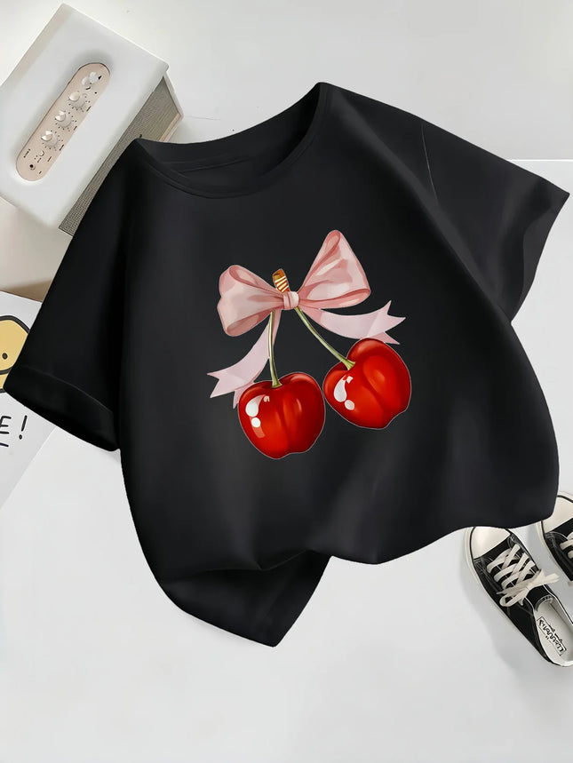 Girls' Casual Short Sleeve Round Neck T-Shirt Summer with Playful Fabric Casual Shirts for Girls Cherry Graphic Tee Comfortable