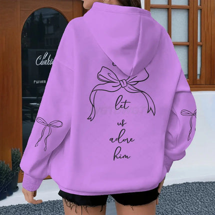 Coquette Bow Print Bible Verses Hoodies "Come Let Us Adore Him" Hoodie Fashion Women Vintage Fun Christian Jesus Hoody