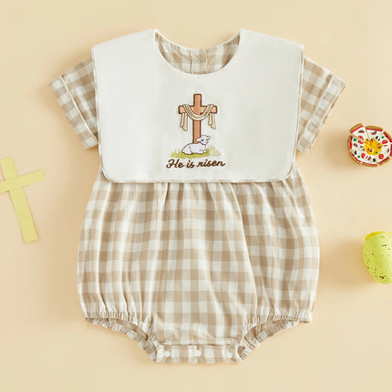 Baby Girls Boys Easter Romper Fashionable Rabbit Letter Embroidery Plaid Crew Neck Short Sleeve Jumpsuit