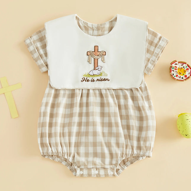Baby Girls Boys Easter Romper Fashionable Rabbit Letter Embroidery Plaid Crew Neck Short Sleeve Jumpsuit
