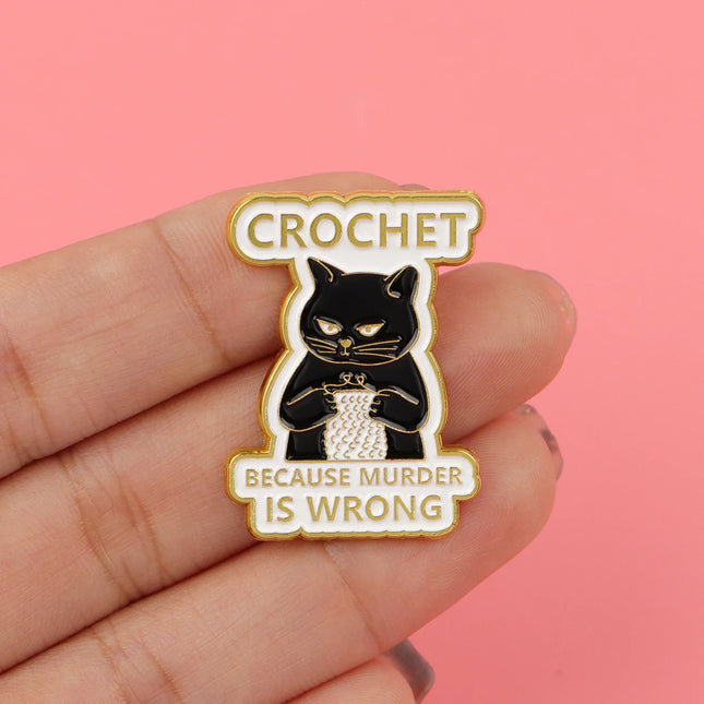 Cartoon Black Cat Crochet Enamel Pin Animal Badges on Backpack Brooches for Women Metal Lapel Pins Cosplay Accessories Toys Gift