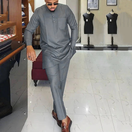 New Dashiki Men's Set Grey Round Neck Long Sleeve Luxury Brand Men's Suit Casual Slim Fit Men's Set Wedding Evening Suit