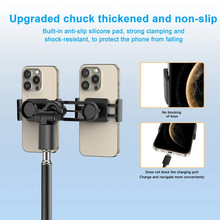 Dual Phone Tripod Stand 1.6M Adjustable with Clip for Live Video Recording Portable Floor Holder Support 2 Phone Simultaneously