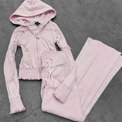 Vintage Sweatshirt 2-Piece Set Y2k 2000s Goth Harajuku Korea Coat+Pants Slim High Street Winter Basics Grunge Emo Sportswear Set