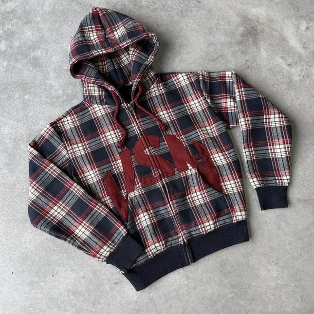 American retro fashion plaid embroidered hooded sweatshirt for men and women, loose casual zipper cardigan on the street