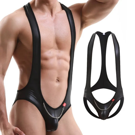 New Men Bodysuit Underwear Faux Leather Teddies Hips Open Lingerie Sexy Metal Chain Gay Jumpsuit Singlet Thong Wrestling Onesie