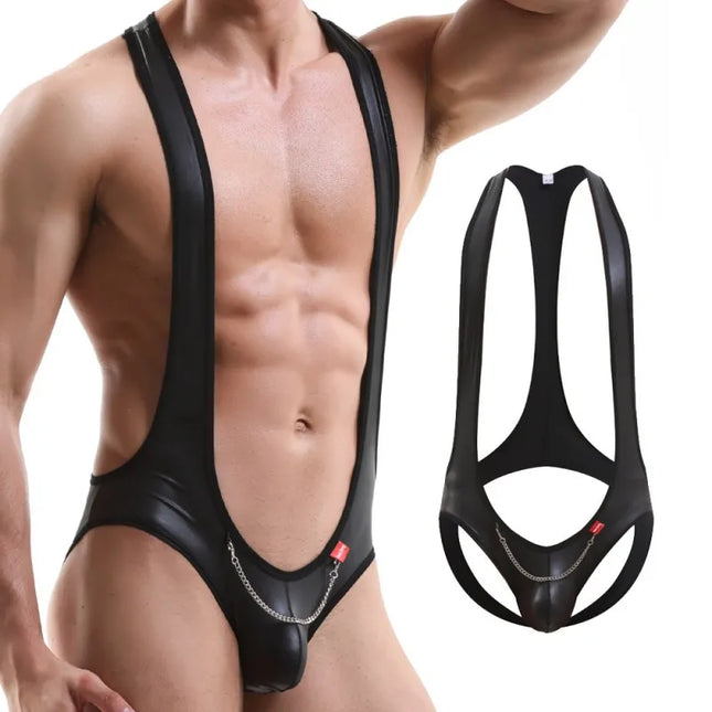 New Men's Bodysuit Underwear Faux Leather Teddies Open Hip Lingerie Sexy Metal Chain Gay Jumpsuit Singlet Thong Wrestling Onesie