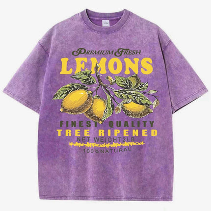 Premium Fresh Lemons Fruit Print Women Washed T-Shirts Y2K Comfortable Short Sleeve Loose All-Match T-Shirt Cotton Hip Hop Top