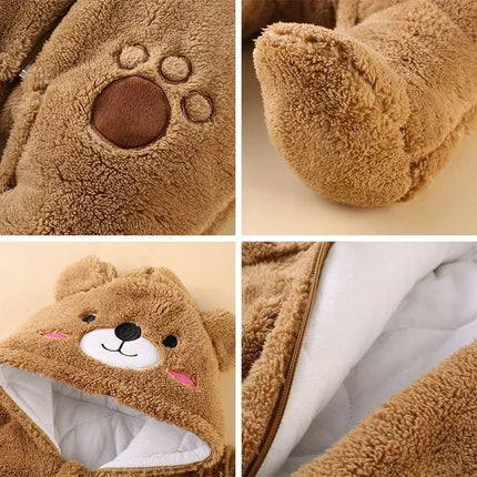 0-12M Baby Rompers Cute Bear Toddler Girls Overall Jumpsuit Winter Warm Hooded Cotton Baby Boys Romper Infants Clothes