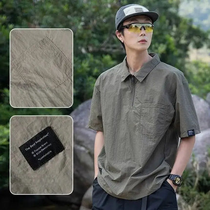 Retro Outdoor Men's Short-Sleeved T-Shirt with Half-Zip: Sun-Protective, Loose-Fitting, Quick-Drying and Breathable