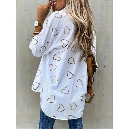 Plus Size 1XL-5XL Women's Fashionable Lapel Single Breasted Heart-shaped Printed Casual Long Sleeved Comfortable Shirt