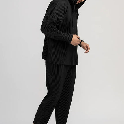 Miyake Pleated Hoodies Fashion Casual Pullover Hoodies Baggy Drawstring Top