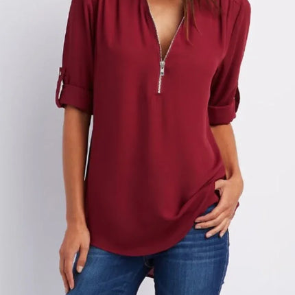 2024 Quality HotSale Plus Size Deep V Neck Women Blouse Chiffon Cool Loose Shirt Fashion Casual Ladies Tops Sexy Zipper Pullover