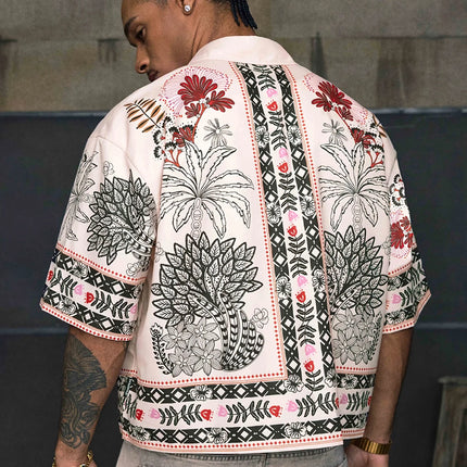 Daily Street Style Ethnic Pattern Boxy Fit Short Sleeve Shirt