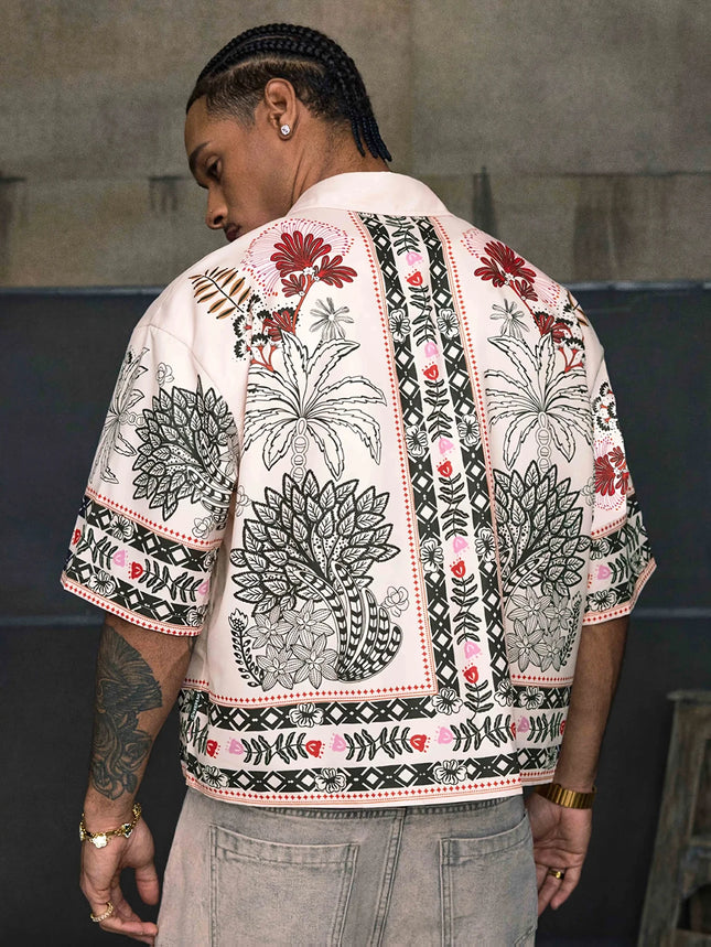 Daily Street Style Ethnic Pattern Boxy Fit Short Sleeve Shirt