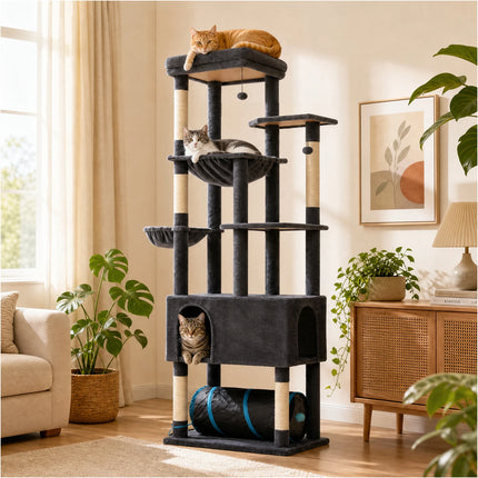 Tall Cat Tree with Large Condo Sisal Scratching Posts Oversized Perch Spacious Hammocks Multi-Level Cat Tower with Cat Tunnel Large Cat Furniture for Indoor Big Cats