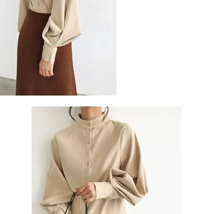 Spring Fashion Women Solid Stand Collar Casual Elegant Fashion Women's Top Clothing Blouse Shirt Lantern Long Sleeve Women's Shirts