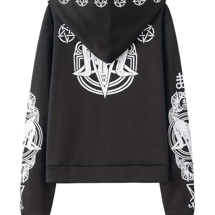 Irregular Black Punk Hoodie with Sheep Head and Moon Print Hoodie