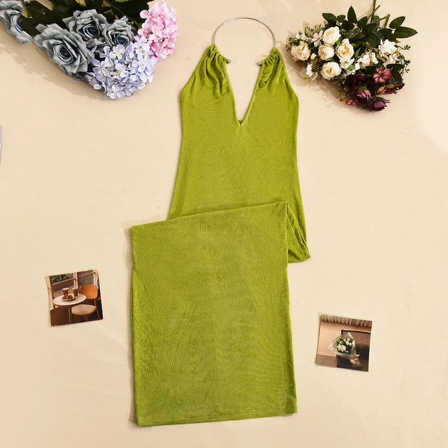 Personalized Street Nightclub Party Dress 2025 New Beach Vacation Dress Sexy Deep V-neck Metal Circle Decoration Slim Long Skirt