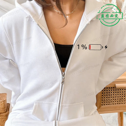 1% Battery Design Zip Up Sweatshirts Low Battery Print Women Fleece Hoodies Tops Fashion Zipper Hoodies Unisex Men Jackets Coats