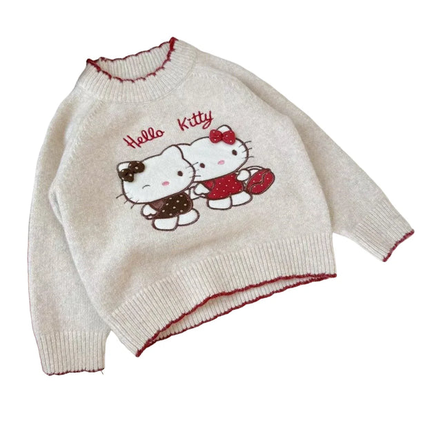 Sanrio Hello Kitty Spring Winter Girls Versatile Sweater Knitted Thermal Casual Layering Top Jumper Pullover Kawaii Kids Clothes