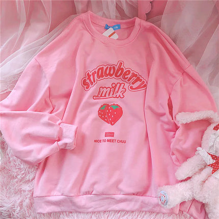 S-3XL Harajuku Kawaii Sweatshirt Strawberry Pink Sweatshirts Spring Kpop Korean Style Fleece Women Cute Top Outwear for Girls