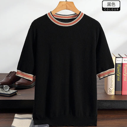 Men's T-shirt 2026 Spring/Summer New 100% Cashmere Round Neck Color Blocking Short Sleeved Knit Pullover Casual Men's Clothing