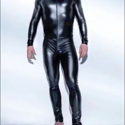 Plus Size S-4XL Sexy Men Catsuit Faux Leather Two Way Long Zipper Crotch Bodysuit Night Club DS Jumpsuit Lingerie Costume