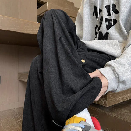 Men’s Winter Corduroy Pants Grey Green Loose Straight Cargo Trousers American Style Jogger High Street Casual Utility Workwear