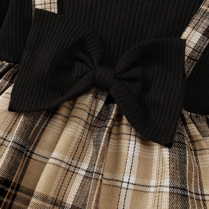 New Baby Girl Spring And Autumn Black Checkered Fake Two-piece Big Bow Headband Dress For Daily Outdoor Wear