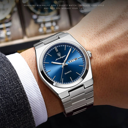 POEDAGAR Luxury Watch For Man Waterproof Luminous Date Week Stainless Steel Men Watch Casual Quartz Men's Watches Male Clock+box