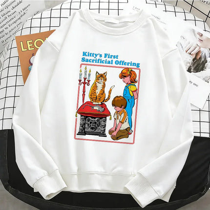 Y2K Funny Cat Pattern Comic Design Hoodies Warm Fleece Sweatshirt Soft O-Neck Pullover Casual Female Clothes