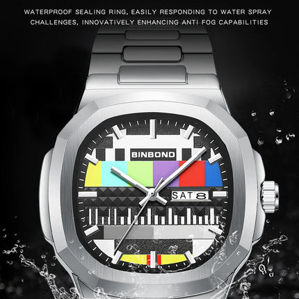 BINBOND Creative TV Dial Men's Watches New Fashion Original Retro Design Luminous Quartz Wristwatch For Man With Calendar Week