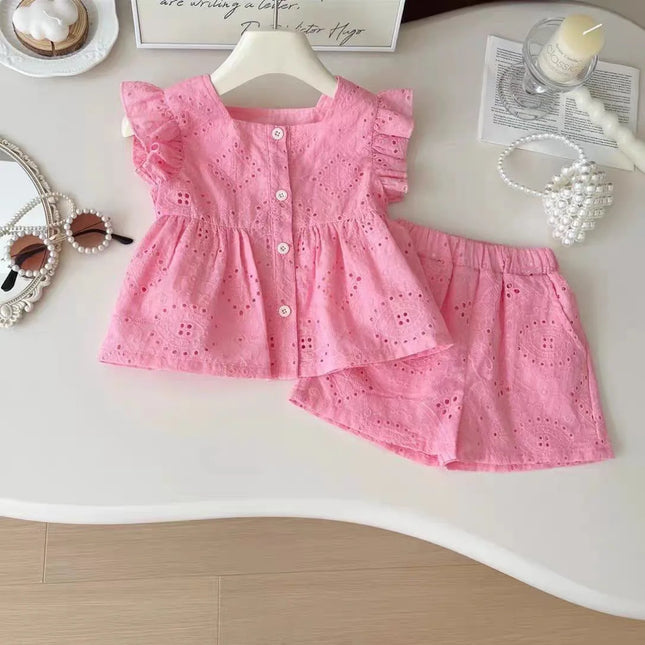 New Korean style girls' summer pink cotton suit, baby hollow small flying sleeve top + shorts two-piece sweet baby girl suit