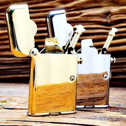 Vintage Fuel Oil Lighter Brass Chrome Plating Golden Cigarette Pipe Collection Briquet Mechanical Lifting Isqueiro