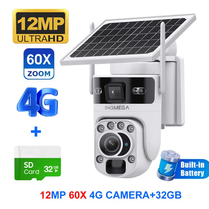 INQMEGA 12MP 60X Optics Zoom Dual Screen 4G /WIFI Solar Camera Securty Outdoor  PIR Human Detection Color Night Vision UBOX APP