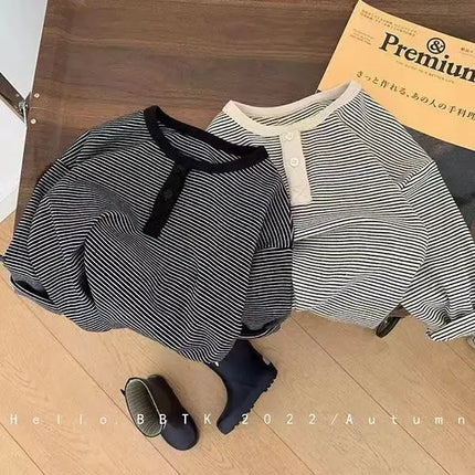 Children's Spring Autumn Long Sleeved T-shirt Boys Girls Korean Striped Children's Base Layer Shirt Baby Simple Top