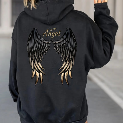 Women's Casual Hoodie with Angel Wings Graphic Drawstring Detail Kangaroo Pocket Perfect for Fall Winter Playful Design Trendy