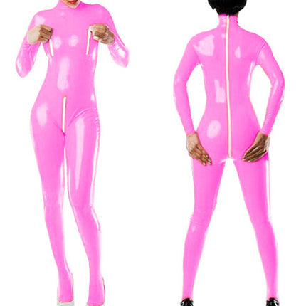 Sexy Faux Leather Jumpsuits for Women High Collar Zipper Open Crotch Open Chest Wet Look Bodysuits Nightclub Clothing Custom
