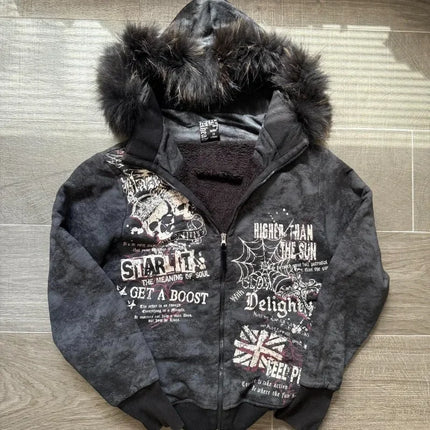 American Fashion New Skull Print Hoodie Women Y2K Vintage Rock Hip Hop Gothic Popular Casual Joker Plus Velvet Padded Sweater