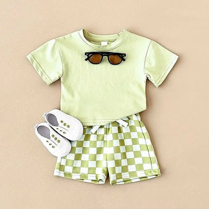 2PCS Kids Clothes Baby Boys Girls Solid Color Short Sleeve T-shirt Plaid Pattern Shorts Sets Baby Clothing Sets 0-3Y