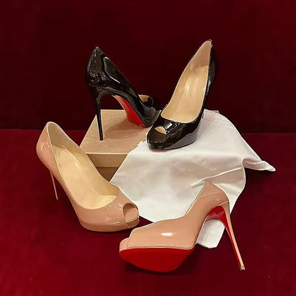 Peep Toe High Heels Women Thin Heel - Patent Leather Waterproof Platform / Talons Hauts Femme Bout Ouvert - Cuir Verni