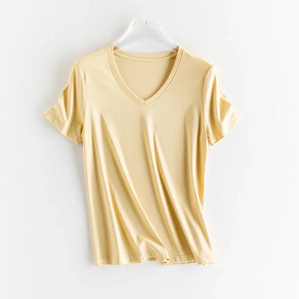 High-end New 10% Silk & Mercerized Cotton Women T-shirt Luxury Tee Short Sleeve Silky Feeling Summer Wear 2025 Tops V / O-neck