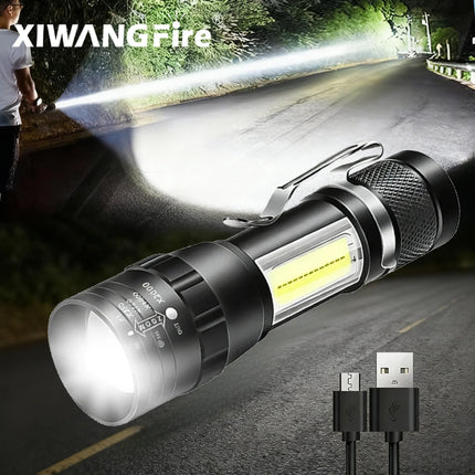 Mini Tactical LED High Power Flashlight Rechargeable Zoom Strong Waterproof Outdoor Camping Torch COB Side Lights 3 Modes