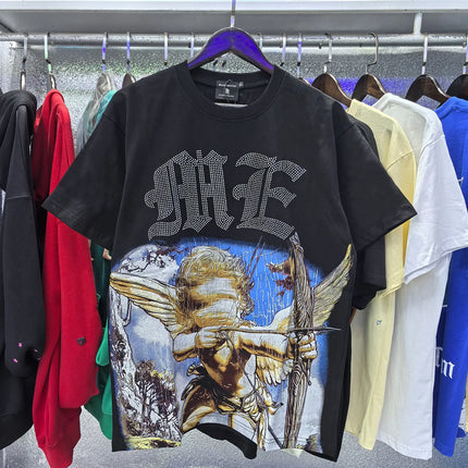 MIXED EMOTION Rhinestone Short Sleeve Men Women Tshirt Streetwear Cotton Loose Round Neck Top Tees Oversized Tee Top Trendy