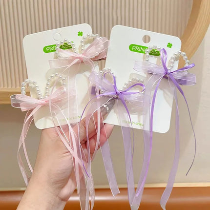 2PCS/Set Sweet Pearl Bow Hair Clips for Baby Girl Cute Fairy Long Ribbon Headwear Princess Kids Hair Accessories Headdress