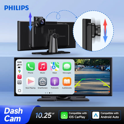 Philips 10.25-inch Smart Dash Cam Compatible with ISO Wireless CarPlay and Android Auto, Loop Recording, Built-in Speaker