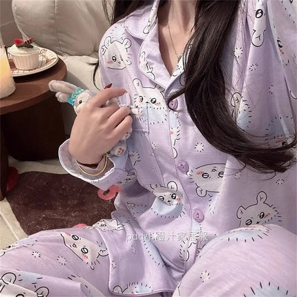Momonga cartoon pajamas cute Chiikawa Momonga Women's long-sleeved shirt and pants for spring and autumn Girls' home wear set