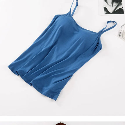 2020 Women Solid Tank Tops Adjustable Strap Built In Cup Padded Wireless Camisole Camis Vest Female Home Basic Tank Top