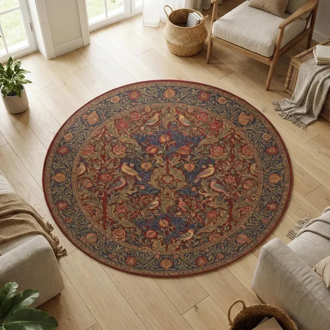 Cottagecore Aesthetic Home Decor Bird Pomegranate Round Rug Vintage Botanical Floral Soft Non-Slip Carpet for Living Room